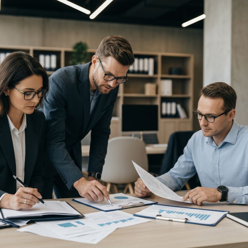Equipo profesional de consultores financieros trabajando en análisis estratégico para holdings familiares